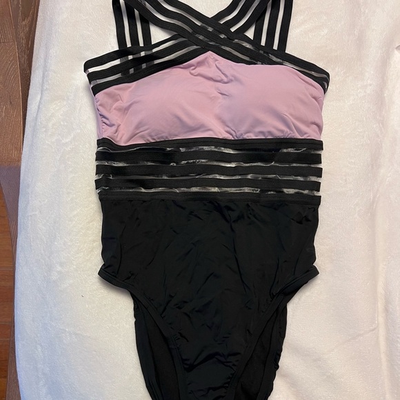 Women's Black and Pink Striped Swimsuit - Picture 2 of 4